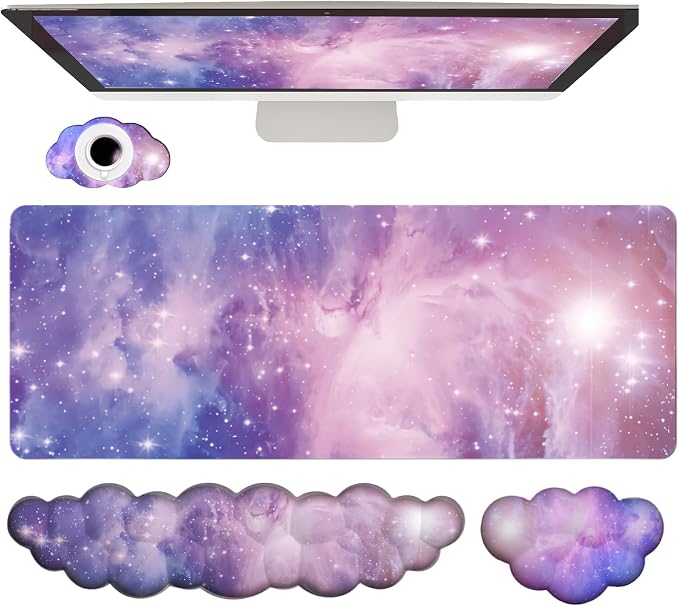 Cloud Wrist Rest Keyboard Purple Cloud Mouse Pad Set 4PCS Galaxy Large Desk Mat Ergonomic Space Wrist Pad Support Memory Foam Non-Slip Wrist Rest for Keyboard and Mouse Computer Gaming Home Office by WFCYGL