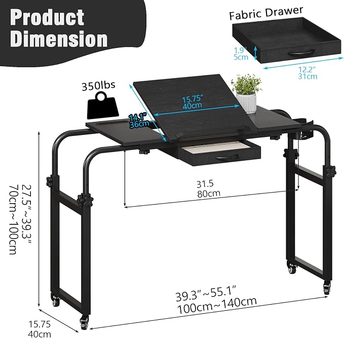GiftGo Overbed Table with Wheels Rolling Laptop Desk Cart Over Recliner Wheelchair Table Adjustable for Hospital and Home Use Over The Bed Table with Storage Drawer and Cup Holder (Black) - Image 4