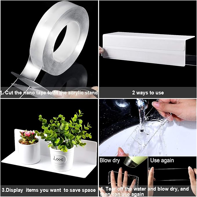 Jetec 8 Pieces Acrylic Floating Shelves, 12 Inch Acrylic Wall Mounted Hanging Shelf Bookshelf with 5 Meters Nano Double Sided Tape for Bedroom, Gaming Room, Living Room, Bathroom, Office(White) - Image 4