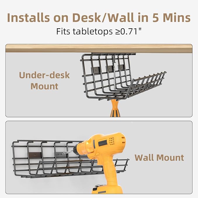 1 Pack DELAMU Under Desk Cable Management Tray, Large Metal Cord Organizer, Office & Home Cord Wire Management Under Desk Shelf, Easy Install Pre-drilled Cable Organizer, Black - Image 4