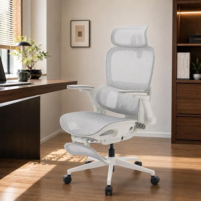 SIHOO B300 PRO Ergonomic Office Chair with Footrest, Mesh Desk Chair, White | 4-Directional Lumbar & Height-Adjustable Backrest, 6D Armrests, Swivel Computer Chair for Long Hours by SIHOO