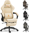 Dowinx Big & Tall Vintage Gaming Chair for Adults, 400 lb Capacity Heavy Duty Ergonomic Computer Chair with Dual Extended Footrest & Massage, Ivory White by Dowinx