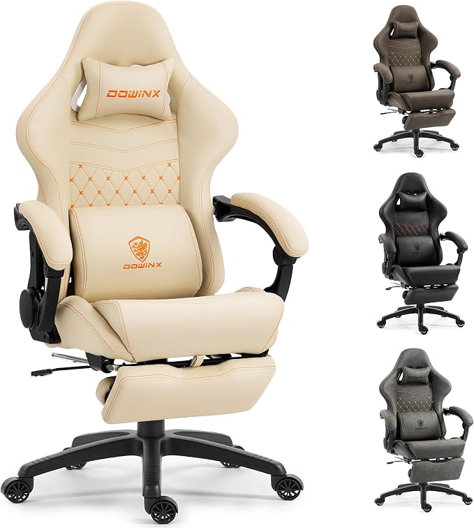Dowinx Big & Tall Vintage Gaming Chair for Adults, 400 lb Capacity Heavy Duty Ergonomic Computer Chair with Dual Extended Footrest & Massage, Ivory White by Dowinx