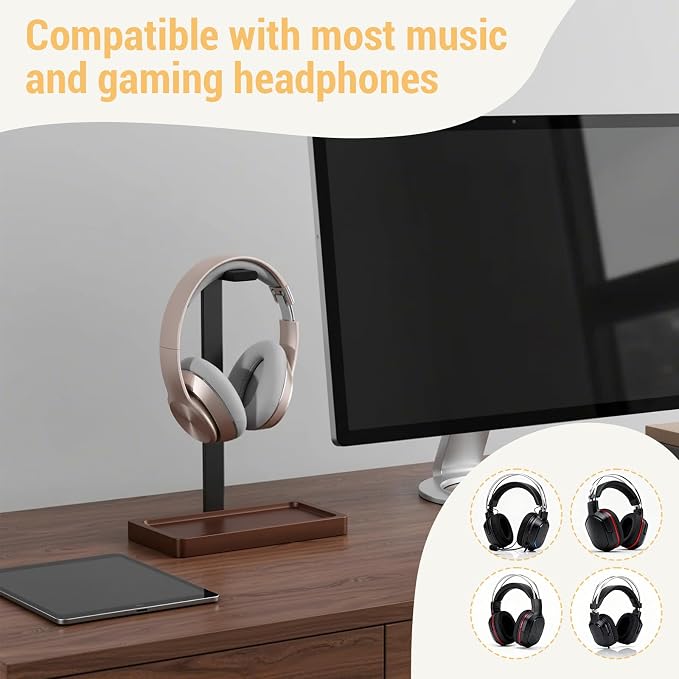 Wood Headphone Stand, Walnut Headset Stand for Desk, Universal Headphone Holder with Storage Base for Gaming, Music Headsets(Dark Brown) - Image 4