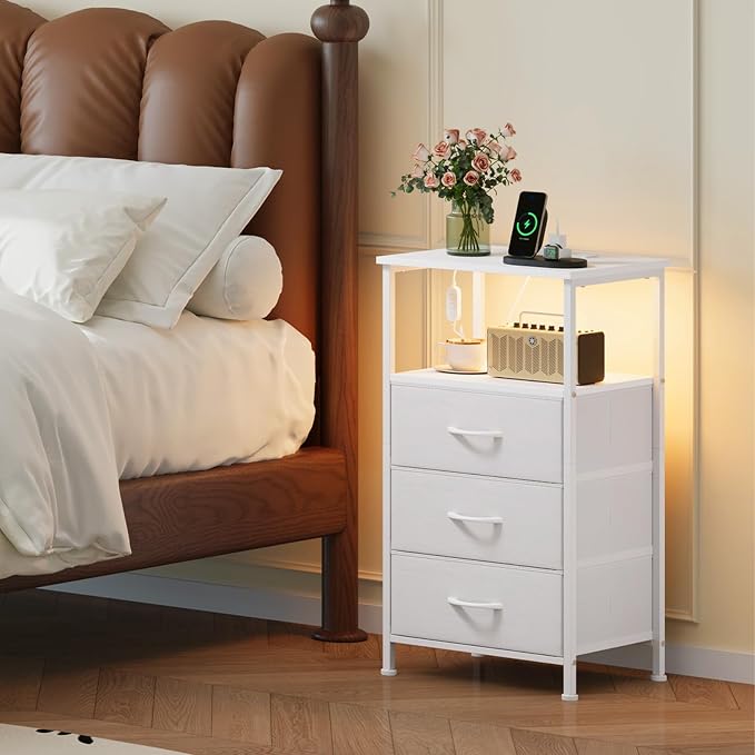 Somdot Nightstands Set of 2 with 3 Drawers, Charging Station & LED Light - Image 2