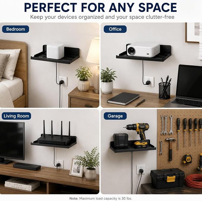Metal Router Shelf Wall Mount, 14 x 8 Inch Floating Shelf with Cable Hole and Vent Slots, Black WiFi Router Holder for Modem, Cable Box, Game Console, TV Components, Office and Living Room - Image 5