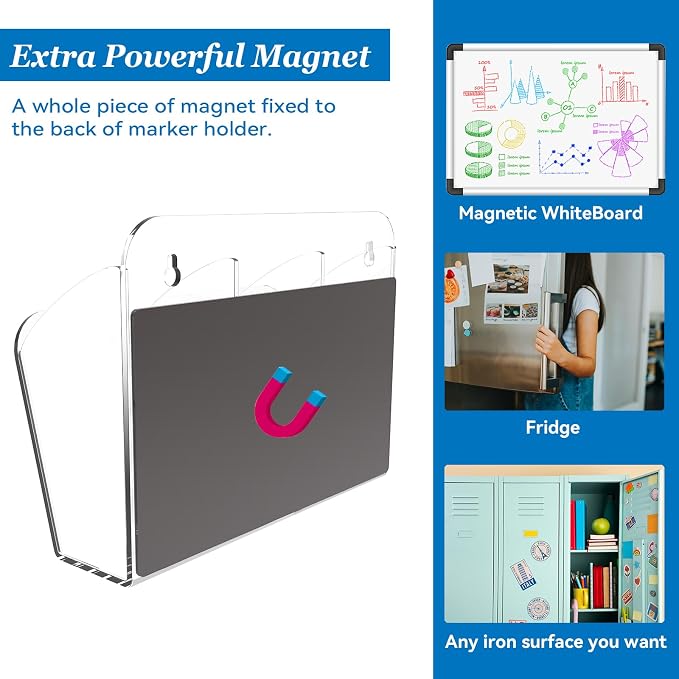 Dry Erase Marker Holder with 3 Compartments, Wall Mounted Marker Organizer, Magnetic Marker Holder Organizer for Whiteboard, Fridge, Locker, Pen Holder for Wall, Acrylic Pencil Holder, Clear - Image 2