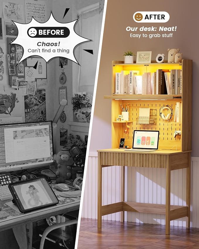 HNEBC Natural Computer Desk - with Power Outlets & Chariging Station,Small Writing Desk with Hutch and Drawers,66.3''H Office Desk with Pull-Out LED Lights,Pop-up Glass Door,Pegboards,Bedroom - Image 6