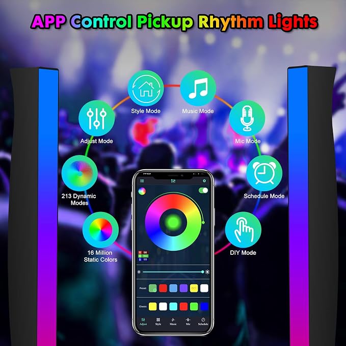 Battery Powered Rhythm Light Bar, RGB Sound Control Pickup Rhythm Lights, APP Control 32 Bit Music Level LED Lights, USB Rechargeable Voice Activated Atmosphere Light for Game Car TV DJ Studio - 2Pcs - Image 3