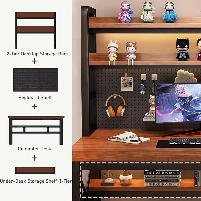 Gaming Desk with LED Lighting and Charging Station | 39 Inch Computer Desk With Hutch & Pegboard Organizer, USB-C Ports & Power Strip, Modern Workstation For Gamer Home Office - Image 6