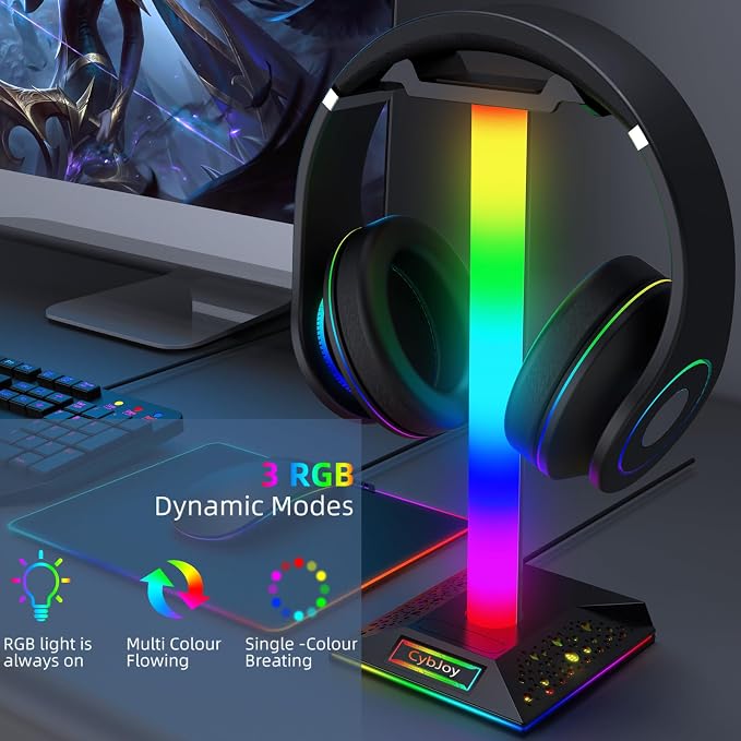 Gaming Headphone Stand PC Accessories - RGB Headset Stand with 2 USB and 1 Type-C Ports, LED Headphone Stand Gift for Boys Men, Computer Game Accessories for Desk - Image 2