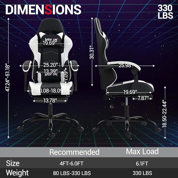 Gaming Chair with Footrest for Adults, PU Leather Massage Racing Video Game Chair with Lumbar Support for Men Women, Ergonomic Computer Gamer Chair for Home Office, Height Adjustable, White - Image 3