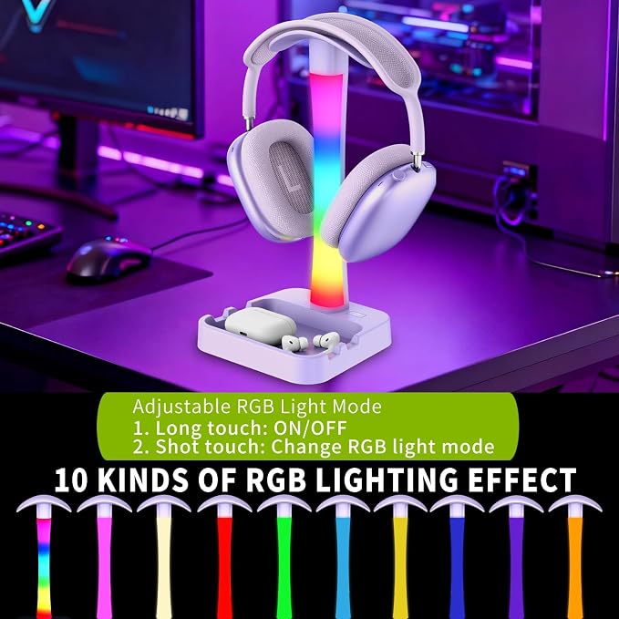 Headphone Stand with Charger,Gaming Headset stand with RGB Light Mode,For Airpod Max Stand,Desk Lamp,Phone Holder,Tablet Holder,desktop organizer,Gifts for Gamers & Music Lover (Purple) - Image 3