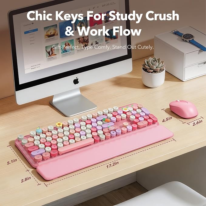 Wireless Keyboard and Mouse Combo, Retro Typewriter Style Keyboard with Round Keycaps, Magnetic Wrist Rest, Full-Size 2.4GHz Cordless for Mac, Windows PC, Laptop, SABLUTE CK23, Cotton Candy Pink - Image 8