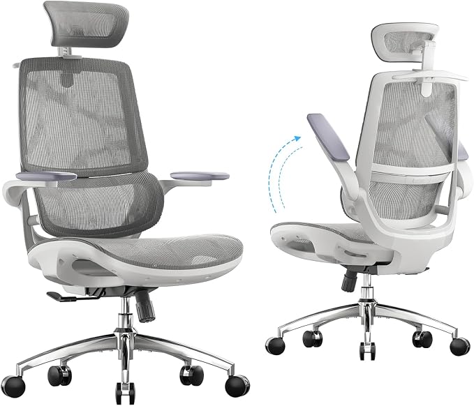 SIHOO M59AS Ergonomic Office Chair, Dual Backrest, Adaptive Lumbar Support | 3D Flip-Up Armrests, FULL Breathable Mesh, Reinforced Aluminum Base, 330 lb, Comfort That Moves With You, Grey by SIHOO