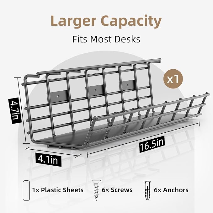 1 Pack DELAMU Under Desk Cable Management Tray, Large Metal Cord Organizer, Office & Home Cord Wire Management Under Desk Shelf, Easy Install Pre-drilled Cable Organizer, Black - Image 3