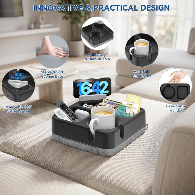 Couch Cup Holder Tray Couch Cup Holder Pillow Soft Sofa Caddy Drink Holder with 3 Compartments &Removable 360°Swivel Phone Stand, Portable Bed Snack Caddy Pillow with Handle for Tablet Controller Grey - Image 7
