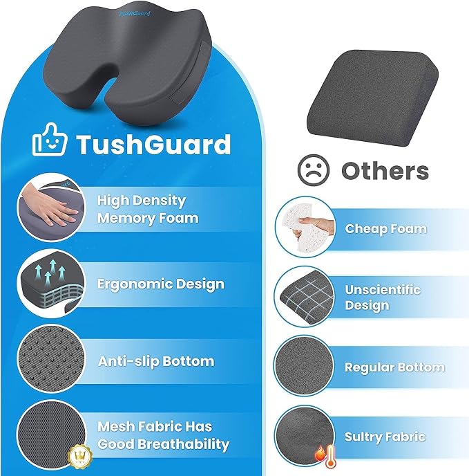 TushGuard Memory Foam Seat Cushion for Office Chair, Car Seat, Gray, XL | Office Chair Cushion for Car, Airplane - Chair Pad for Long Sitting Sciatica, Hip, Coccyx,Tailbone Pain Relief, Butt Pillow - Image 4