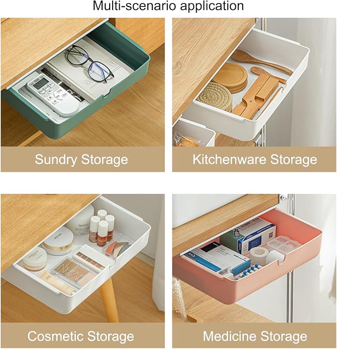 2 Pack Under Desk Drawer, Large & Medium Self-Adhesive Under Desk Organizer, Hidden Under Desk Storage Box Cosmetics Case Stick On Under Table Tray Holder for Cutlery, Office Supplies, Stationery - Image 7