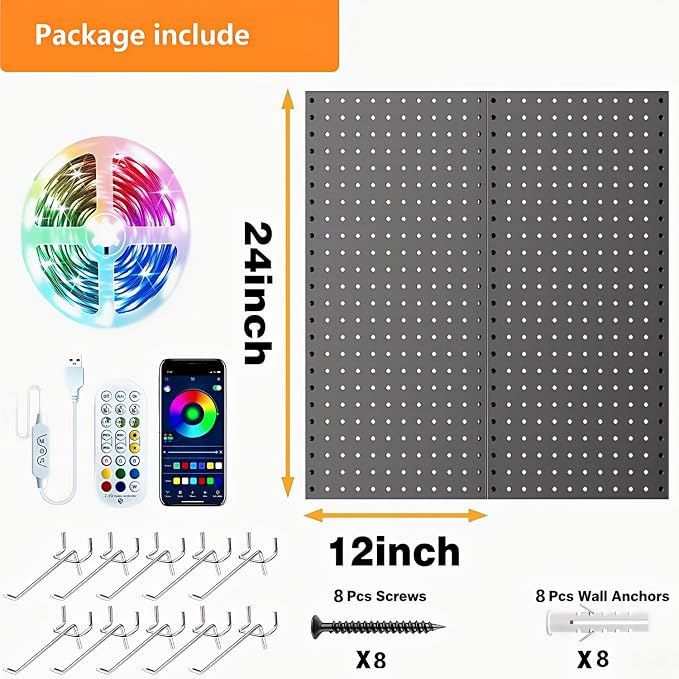 RGB Gaming Wall Organizer Peg Board with RGB LED Strip Lights, 2PCS Metal Gamer Wall Decor Peg Board with Hooks, DIY Gaming Setup Organizer PegBoard Gaming Wall Accessories 12 * 24” - Image 8
