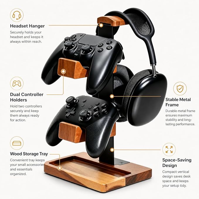 Acacia Wood Gaming Headset Stand & Dual Controller Holder, Solid Wood Desk Organizer Compatible with PS5, Xbox, Switch, Over-Ear Headphones, Gamer Gift for Men - Image 4