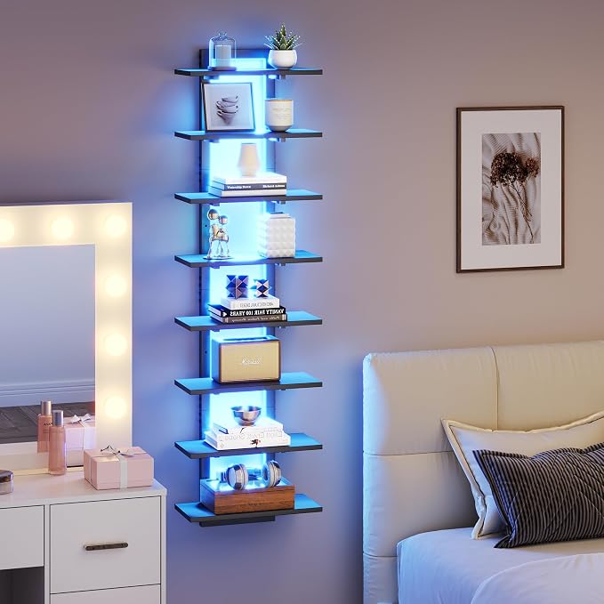 LED Wall Mounted Display Shelf with RGB Lights, 8-Tier Vertical Wall Shelf for Gaming Room, Bedroom and Living Room, Floating Shelves for Collectibles and Decor, 15"W x 5.5"D x 58.3"H, Black - Image 5