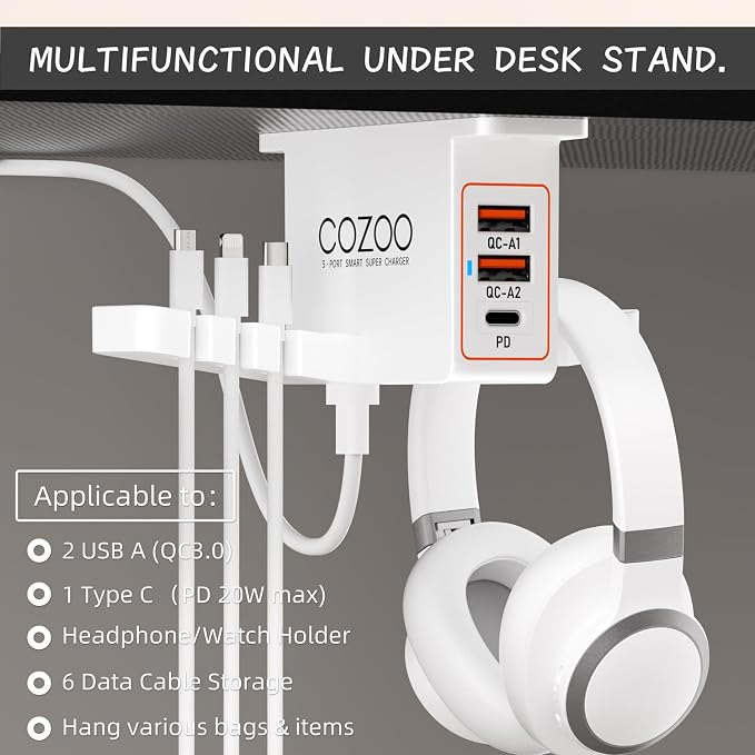cozoo Desk Headphone Holder Hook Headset Watch Cable Bag Storage White | 2 USB-A & 1 Type-C Ports; Holds Headphones,Watches, Cables, Various Bags,Multifunctional Desk Storage Hook for Gaming Office - Image 7