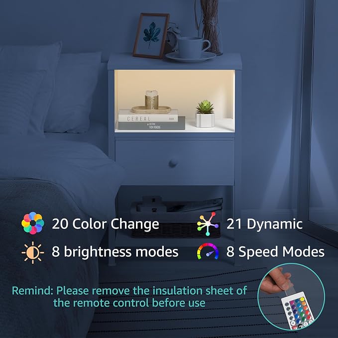 BOLUO White Nightstand with Charging Station, LED Night Stand with Fabric Drawers and Shelf, Bedside Table with USB Ports and Outlets, Bedroom Nightstand Modern - Image 8
