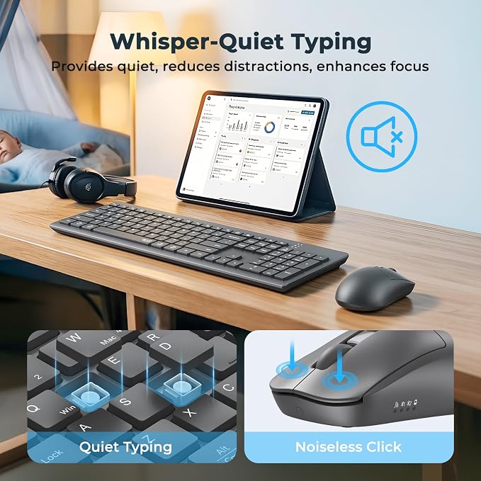 Wireless Keyboard and Mouse, 2.4GHz/Bluetooth Quiet Full Size Set, Gray - Image 3