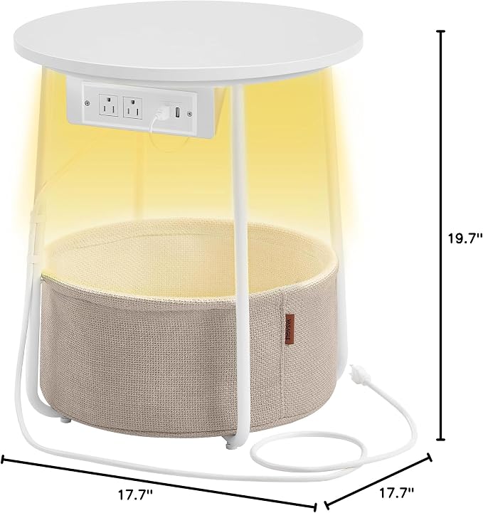 VASAGLE Side Table with Charging Station,Fabric Basket, LED Round End Table - Image 3