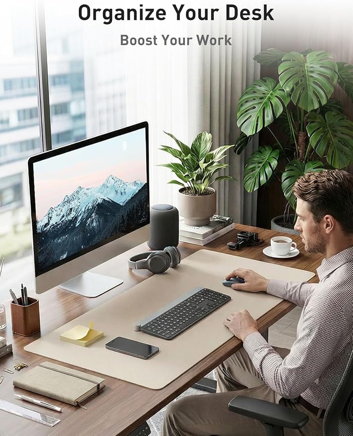 Aothia Faux Leather Desk Mat - Non-Slip PU Leather Desk Blotter, Waterproof Writing Surface, Large Desk Pad for Office & Home (Eggshell, 55" x 17") - Image 3