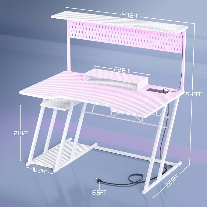 Armocity Gaming Computer Desk with Power Outlets, Gaming Desk with Hutch and LED Lights, Reversible PC Gaming Desk with Pegboard, Carbon Fiber White, 47" - Image 3