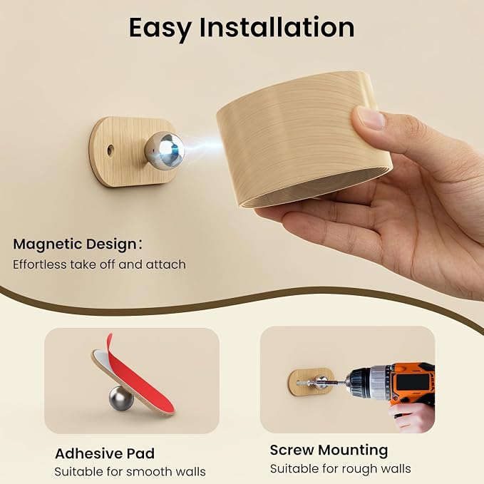 Koopala 2PACK LED Wall Lamps with Rechargeable Battery Operated, Wall Mounted Lights with 3 Brightness 3 Color Temp Removable Charging 360°Rotate Magnetic, Cordless Wall Sconces for Reading Bedside - Image 6
