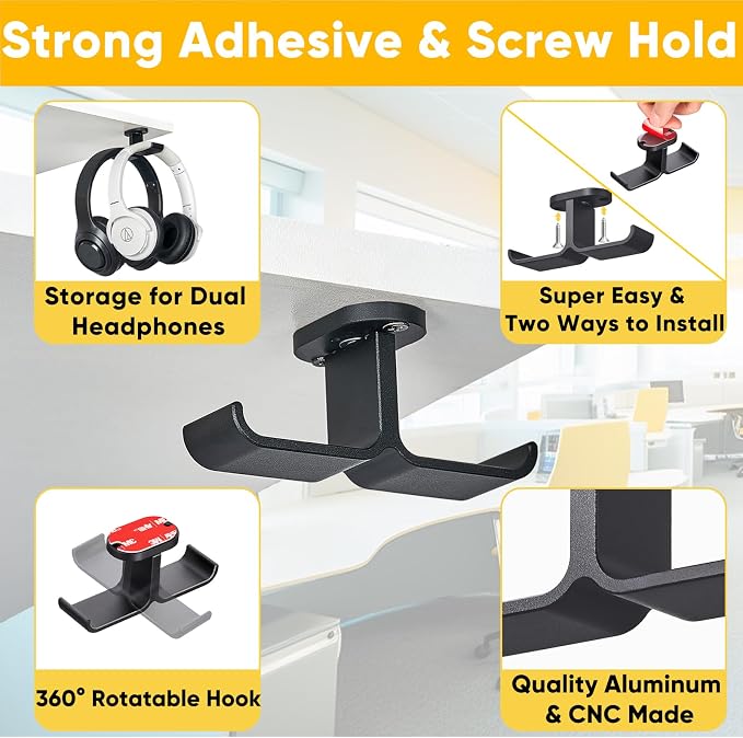 Under Desk Headphone Hanger with Strong Adhesive and Screws Mount, 360° Rotatable Dual Headset Holder Stand, Aluminum Metal Adjustable Headphone Hook, Perfect for Home Gaming & Office - Black - Image 2