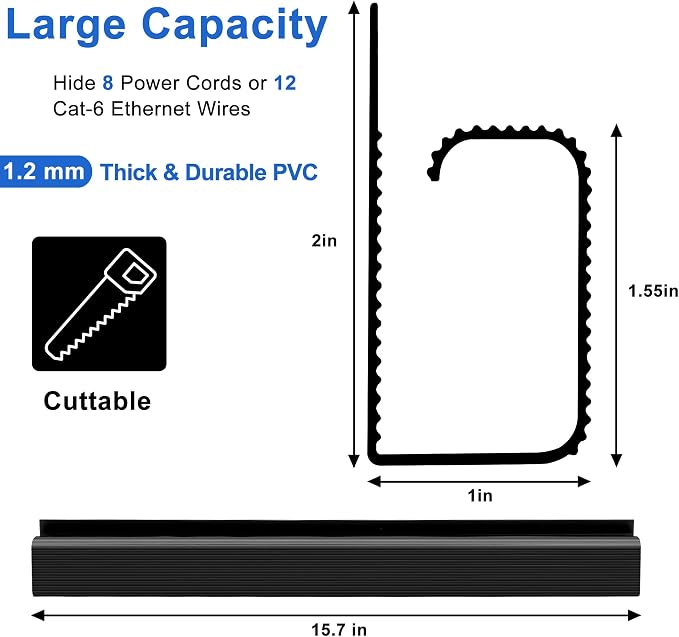 Cable Management Under Desk 94.5in (6X L15.8in) J Channel, ZhiYo Cord Organizer for Desk, Self-Adhesive Cable Organizer, Cord Management Wire Organizers for Cords, Wire Management Cable Raceway Black - Image 2