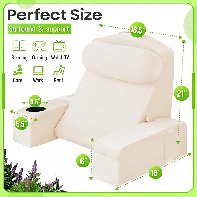 Reading Pillow for Adults, Back Pillow for Bed Sitting Up, Backrest Pillow for Sitting in Bed, Detachable Arms with Built-in Cup & Phone Caddy (Beige, 21 INCH) - Image 5