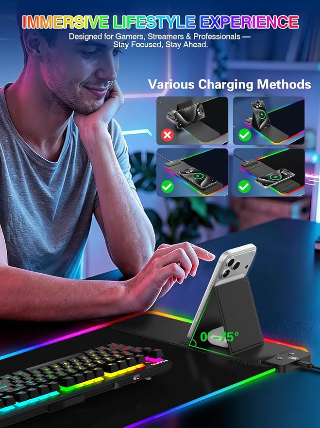 RGB Mouse Pad with Foldable Phone Stand & Wireless Charger, 31.5"x11.8" XL Gaming Mousepad Large Desk Mat, Desk Pad with Dual Charging for Phone & AirPods | 11 Colors & 5 Modes | Waterproof - Image 8