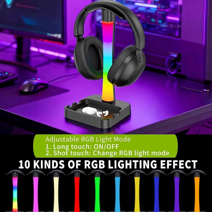 Headphone Stand with Charger,Gaming Headset stand with RGB Light Mode,For Airpod Max Stand,Desk Lamp,Phone Holder,Tablet Holder,desktop organizer,Gifts for Gamers & Music Lover(Black) - Image 3