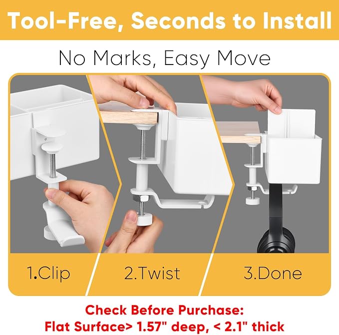4-in-1 Clip On Desk Cup Holder, Fits up to 40oz cups - Mountable Holder with Adjustable Divider & 360° Rotating Hook - No Spill Clamp On Drink Holder Attachment - for Desk Chair Table Bed Tray - White - Image 7