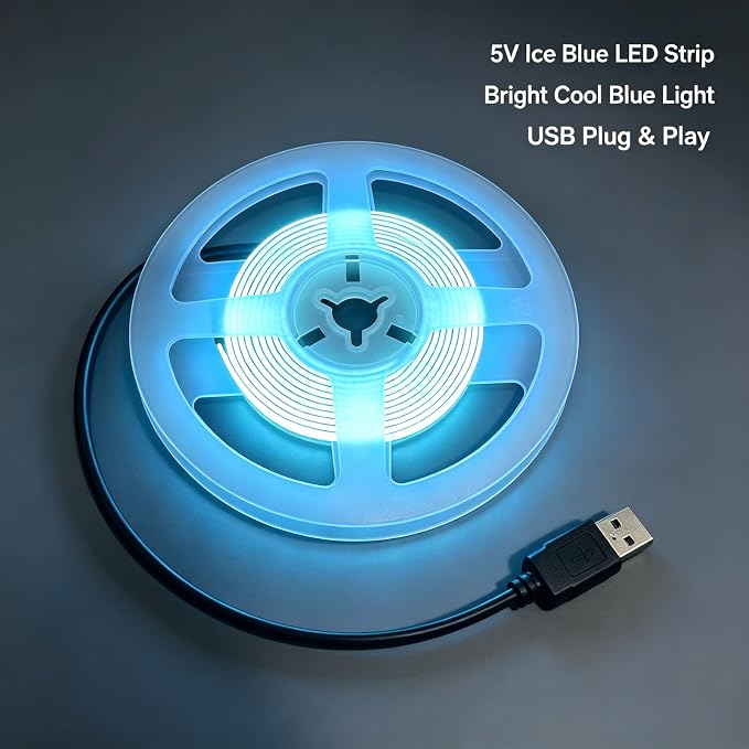 5V Ultra-Narrow 3mm USB COB LED Strip, Self-Adhesive Cabinet Desk Bedroom (Lcy Blue, 3ft) - Image 2