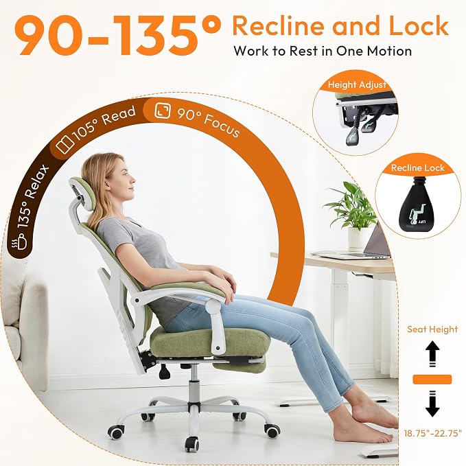 Home Office Desk Chair, Comfortable Mesh Chair with Foot Rest, Light Green | Reclining Gaming Chair with Headrest and Lumbar Support, 90°-130° Reclining, Silent Swivel - Image 3