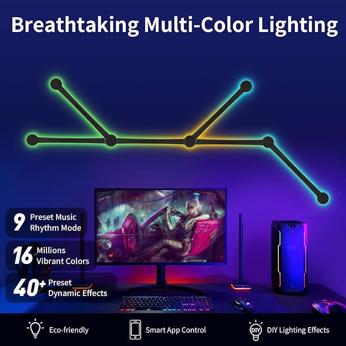 Smart Wall Light Lines, WiFi RGB LED Bars, 16M+ Color Dimmable Music Sync DIY Home Decor for Gaming Party Streaming Lovers, Compatible with Alexa & Google Assistant (6 Lines, Black) - Image 3