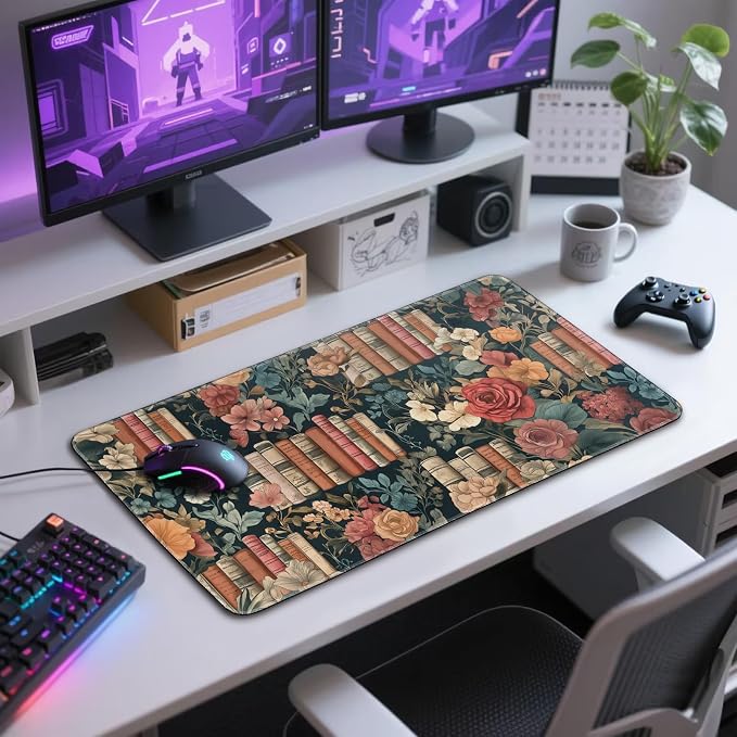 Vintage Library Floral Gaming Mouse Pad Desk Mat 31.5"x15.7" | Extended Mousepad, Non-Slip Rubber Base , Stitched Edges, for Computer/Laptop/Office/Home - Image 7