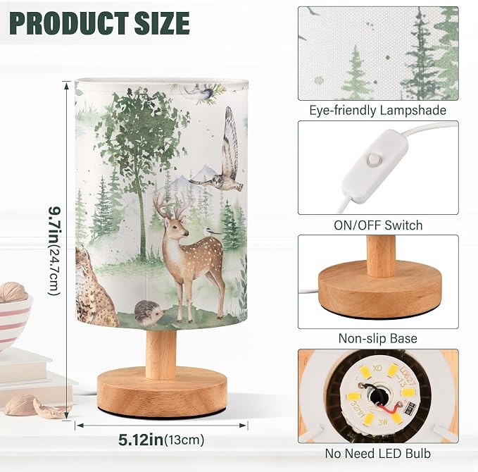 Bedside Table Lamp Woodland Animals Nightstand Lamp with Wood Forest Deer Owl Lynx Hedgehog Ermine Tree Desk Lamps for Bedroom Living Room Nursery Office Home Decor - Image 3