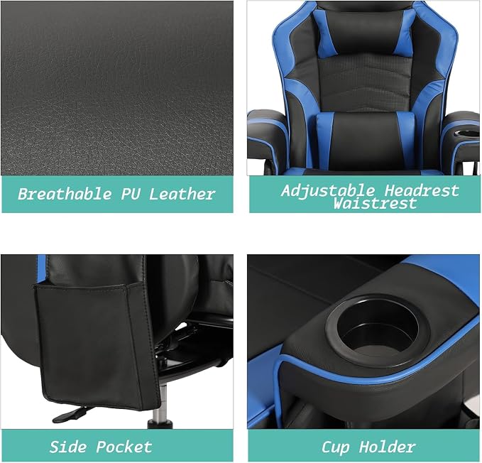 LVUYOYO Reclining Gaming Chair, Massage Gaming Chairs for Adults, High Back PU Leather Game Recliner w/Adjustable Height, Swivel Game Chair with Lumbar Support, Cup Holder, Headrest - Image 6