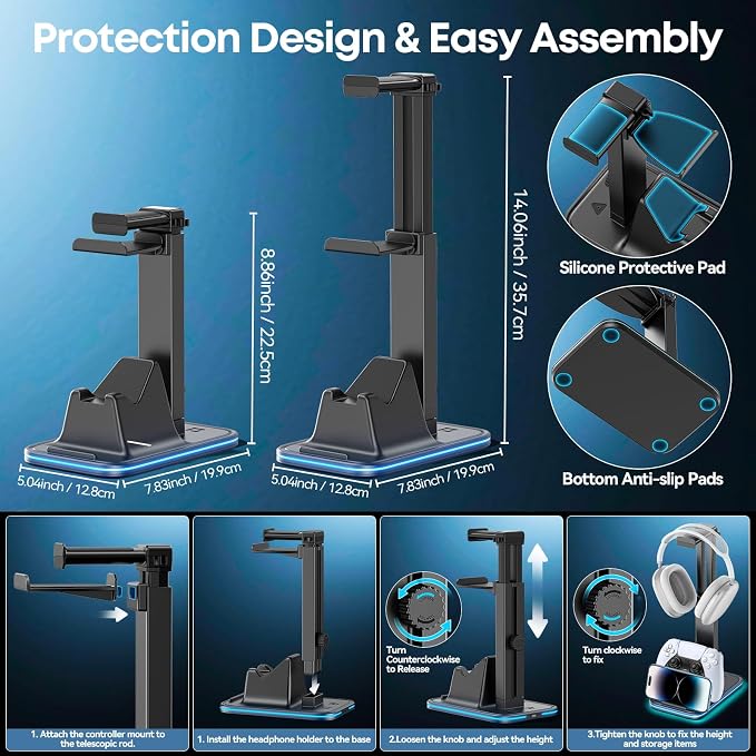 Gaming Headset & Controller Stand, Rotating Headphone Storage with 2 Controllers and Phone Holder, 9‑Color RGB Game Desk Storage for PS5/PS4/XBOX, PC Gamer Essentials Organizer Gift Accessories - Image 5