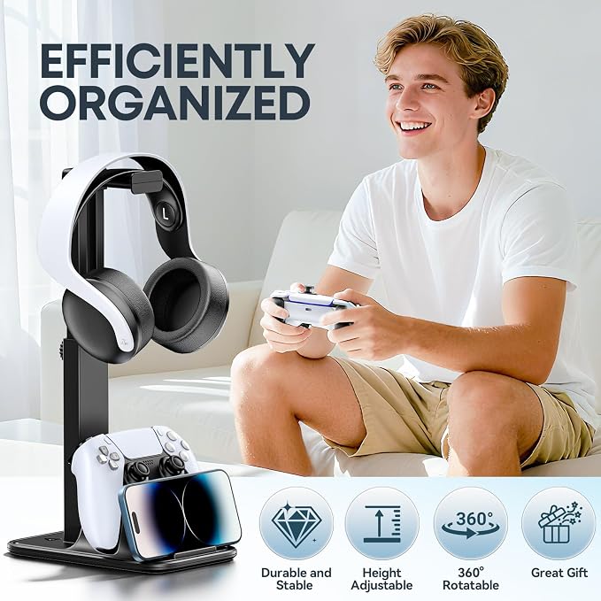 Gaming Headset & Controller Stand, Rotating Headphone Storage with Controller and Phone Holder, Standard Game Desk Storage for PS5/PS4/XBOX, PC Gamer Essentials Organizer Gift Accessories - Image 7