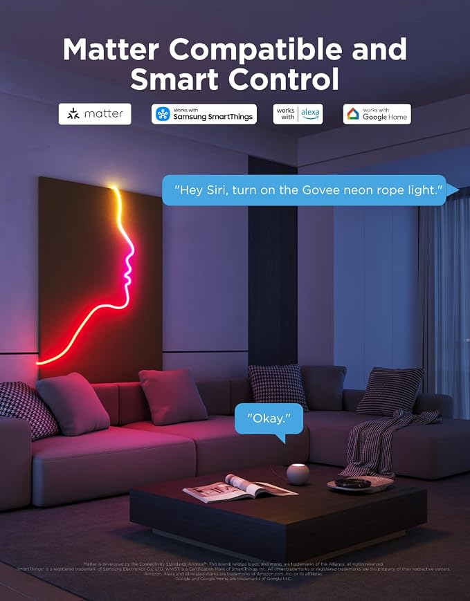 Govee RGBIC Neon Lights, LED Smart Neon Rope Light 2 Works with Matter, Alexa, Google Assistant, Custom DIY Neon Strip Lights for Bedroom and Wall Decor, Softer Material, 16.4ft, White (Pack of 2) - Image 2