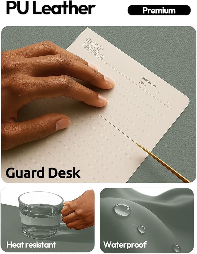 YSAGi Leather Desk Protector, Office Mat, Large Mouse Mat, Non-Slip PU Leather Blotter, Laptop Desk Pad, Waterproof Writing Pad for Office and Home (Dark Green, 35.4" x 17") - Image 3