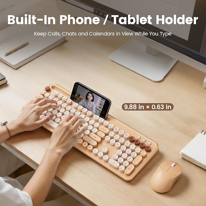 Wireless Keyboard and Mouse Combo, Retro Round Keycaps, Full-Size Typewriter Keyboard with Phone/Tablet Holder, Ergonomic Mouse with 3-Level DPI, 2.4GHz Connection for Windows/PC (Beige Colorful) - Image 2